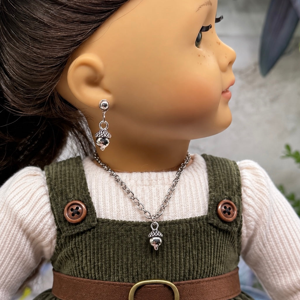 Acorn Harvest Autumn Charm Silver Doll Necklace and 2mm Post Earrings Set | for 18 Inch Fashion Doll • American Girl