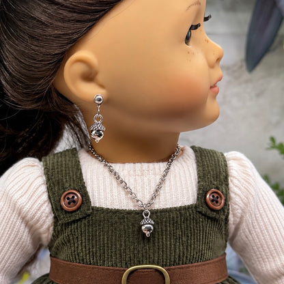 Acorn Harvest Autumn Charm Silver Doll Necklace and 2mm Post Earrings Set | for 18 Inch Fashion Doll • American Girl