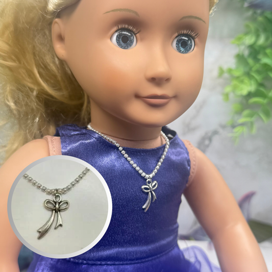 Tiny Pearl Cup Chain Silver Necklace Silver Bow Ribbon Charm Doll Necklace for 18 Inch Fashion Doll Jewelry