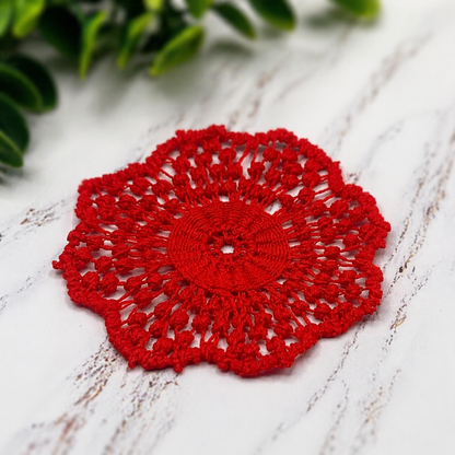 Red Crochet Fabric Round Tablecloth Doily • Dollhouse Decor Miniatures