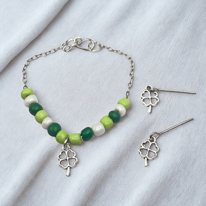 Green White Beaded Silver Four-Leaf Clover Shamrock Charm Doll Necklace & Earrings • 14 Inch Fashion Doll Jewelry