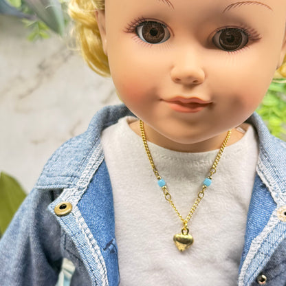 Blue Glass Bead Gold Chain Heart Charm Doll Necklace • 18 Inch Fashion Doll Jewelry