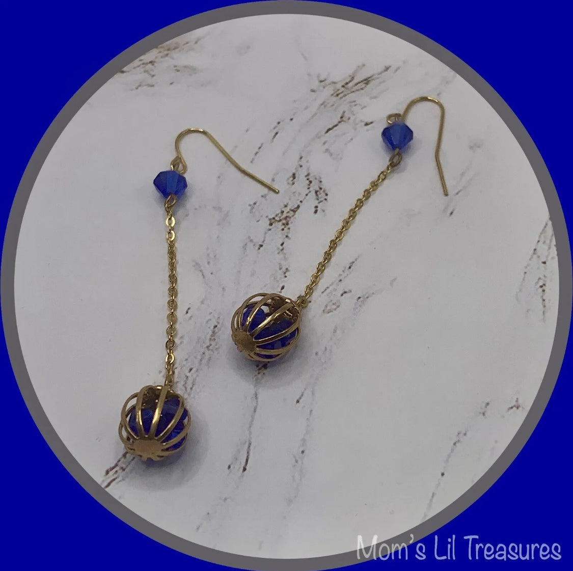 Blue Crystal and Gold Tone Chain Cage Bead Dangle Earrings - Handmade