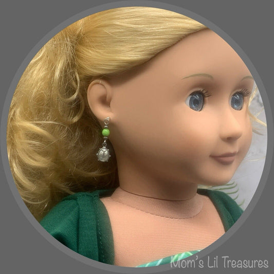 Green Glass Silver Lady Bug Dangle Doll Earrings • 18 Inch Fashion Doll Jewelry