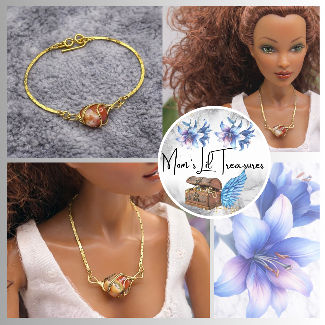 Wire Wrapped Orange White Stone Charm Gold Chain Doll Necklace • 16 Inch Fashion Doll Jewelry
