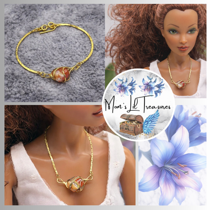 Wire Wrapped Orange White Stone Charm Gold Chain Doll Necklace • 16 Inch Fashion Doll Jewelry