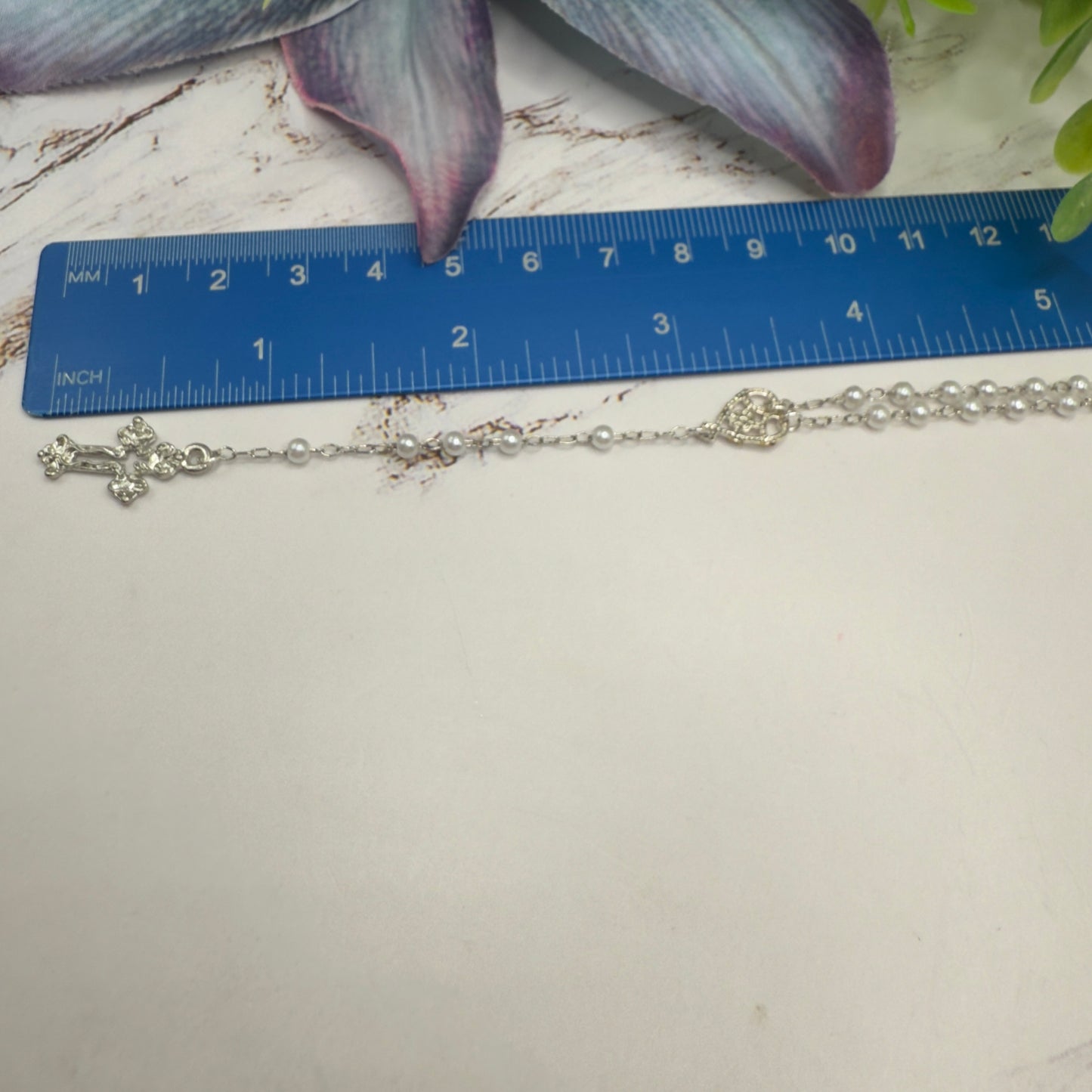 Pearl Beaded Silver Cross • Doll Size Catholic Rosary for 18-22” Fashion or Vintage Dolls