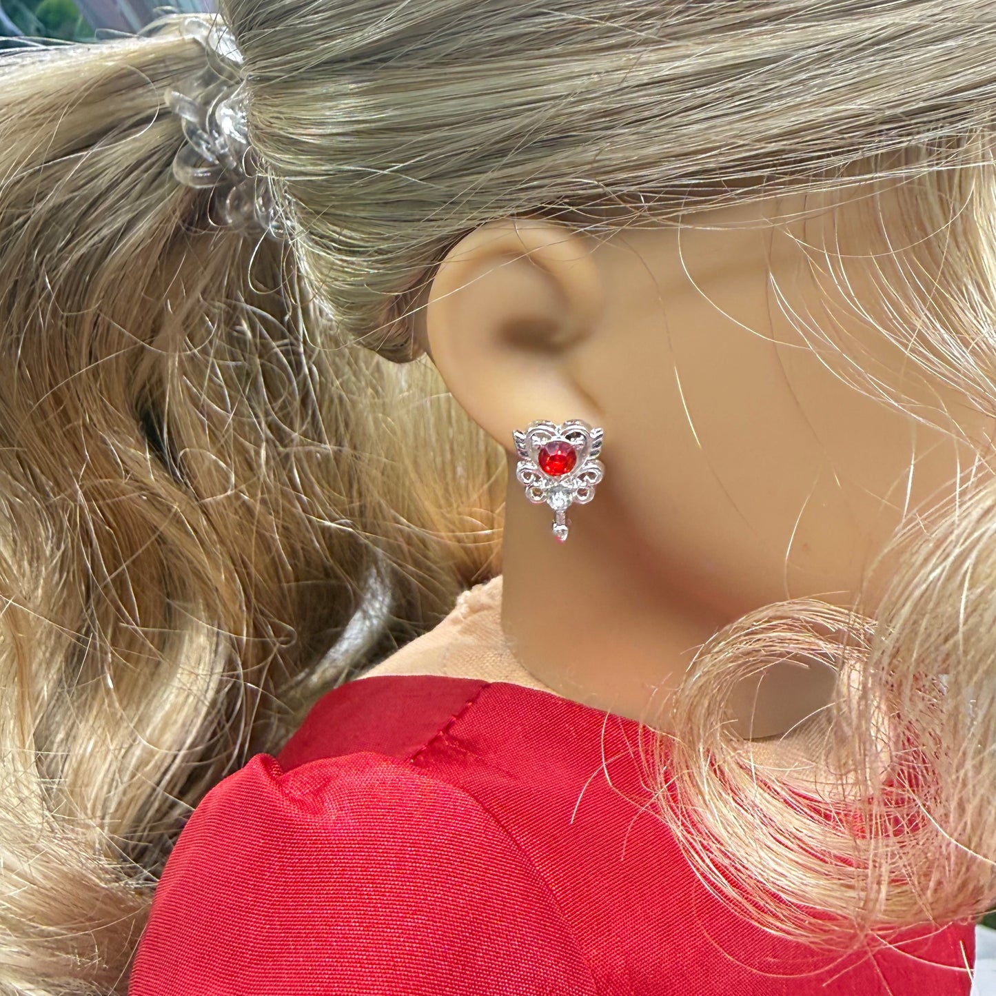 Red Rhinestone Heart Silver Wings Wand Design Post Doll Earrings • 18 Inch Fashion Doll Jewelry