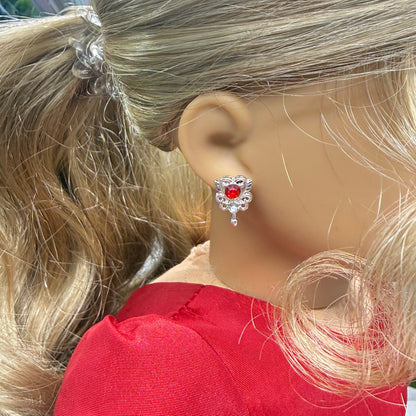 Red Rhinestone Heart Silver Wings Wand Design Post Doll Earrings • 18 Inch Fashion Doll Jewelry
