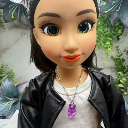 Translucent Purple Gummy Teddy Bear Charm Doll Necklace • 18 Inch Fashion Doll Jewelry
