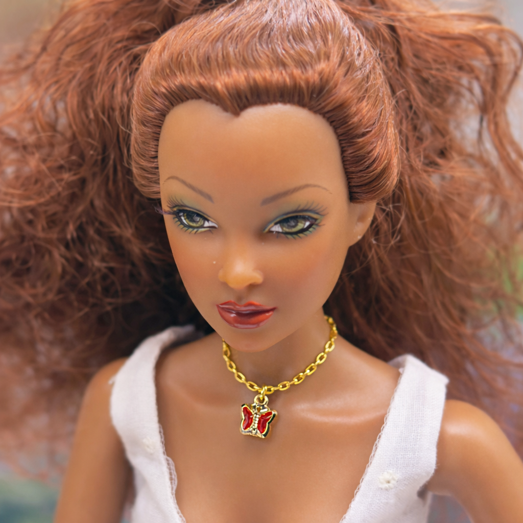 Gold Chain Red Crystal Butterfly Charm Doll Necklace • 16 Inch Fashion Doll Jewelry