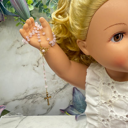 Light Pink Glass Crystal Gold Cross • Doll Size Catholic Rosary for 18-22” Fashion or Vintage Doll