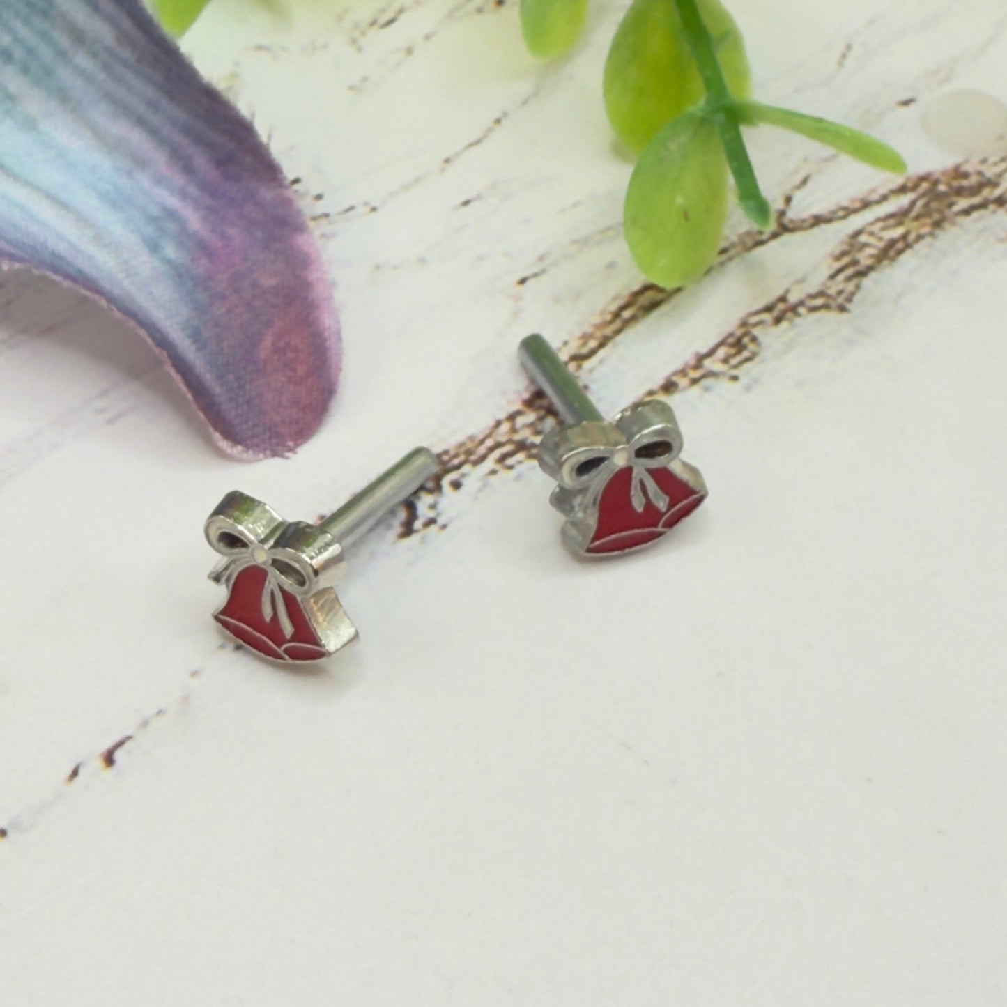 Burgundy Red Silver Christmas Bell Post Doll Earrings • 2mm Post for 18 Inch Fashion Doll