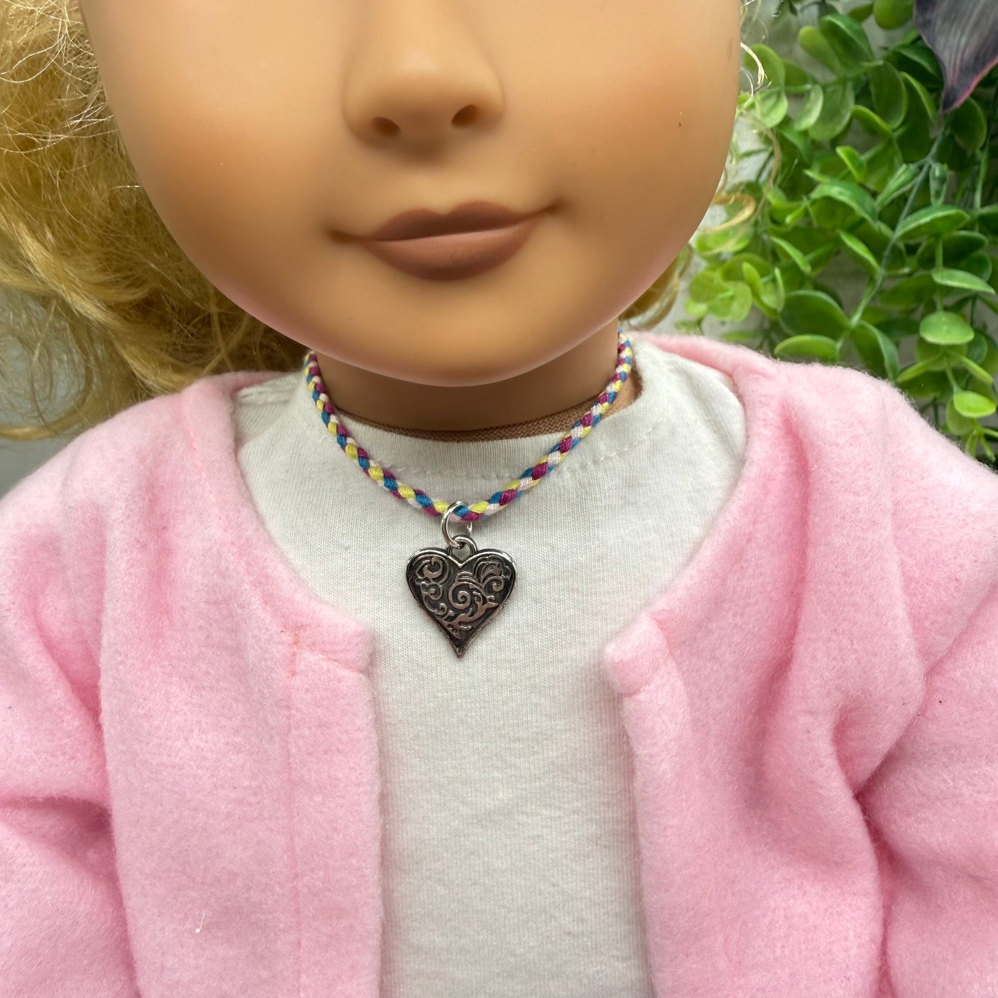 Braided Thread Purple Blue Yellow Doll Necklace w/ Silver Heart Charm • 18 Inch Fashion Doll Jewelry