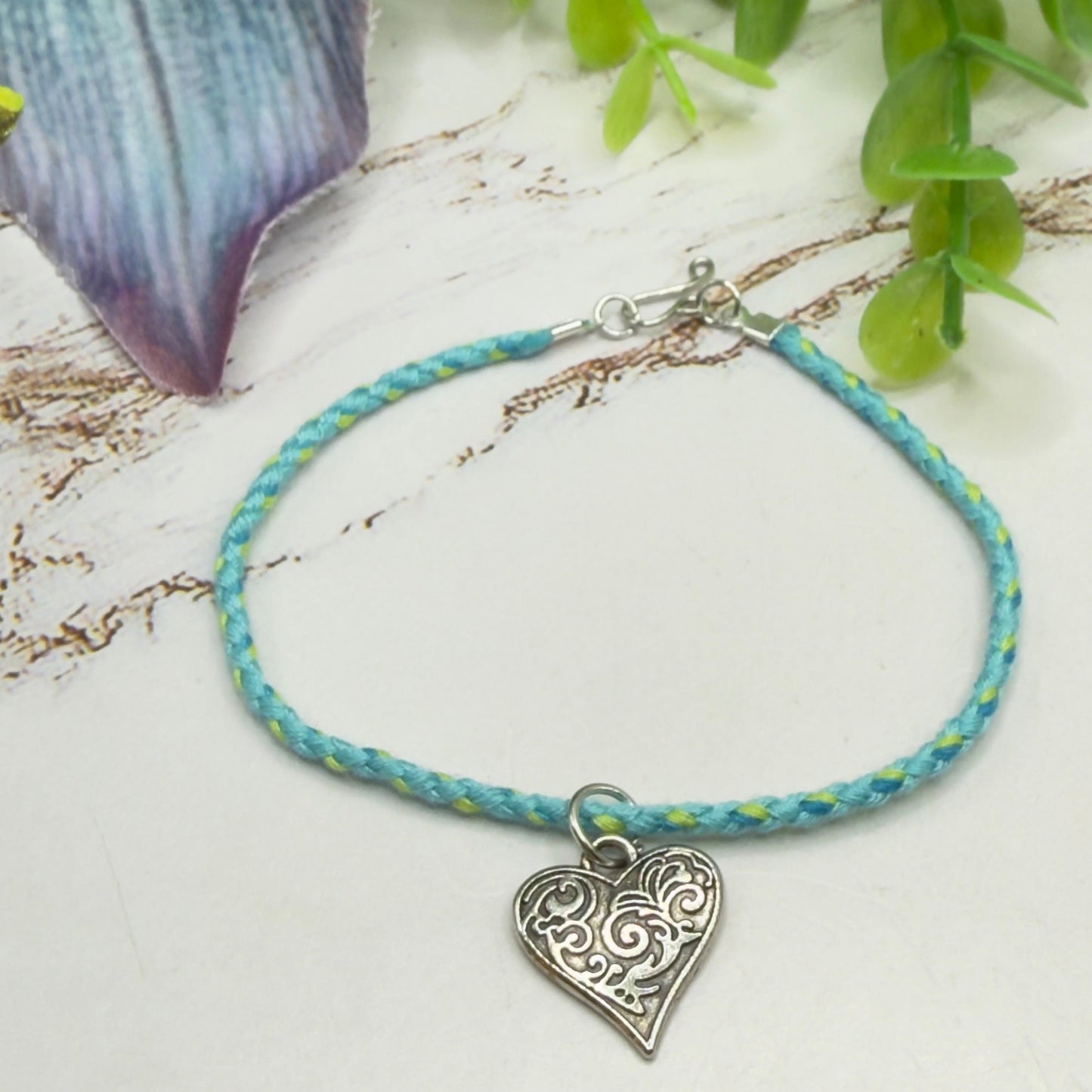 Turquoise Light Blue Braided Thread Doll Necklace Silver Heart Charm • 18 Inch Fashion Doll Jewelry