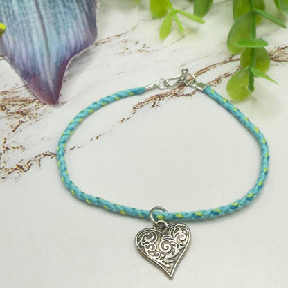 Turquoise Light Blue Braided Thread Doll Necklace Silver Heart Charm • 18 Inch Fashion Doll Jewelry