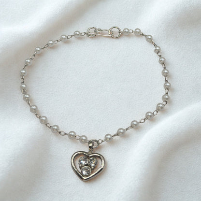 Silver Rhinestone Accented Heart Charm Pearl Beaded Chain Doll Necklace • 18 Inch Fashion Doll Jewelry
