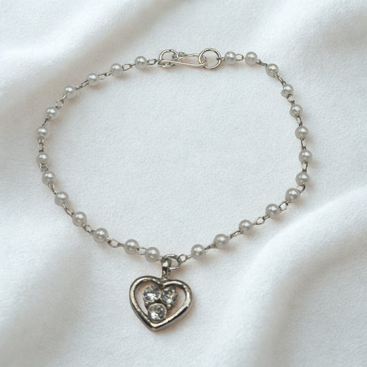 Silver Rhinestone Accented Heart Charm Pearl Beaded Chain Doll Necklace • 18 Inch Fashion Doll Jewelry