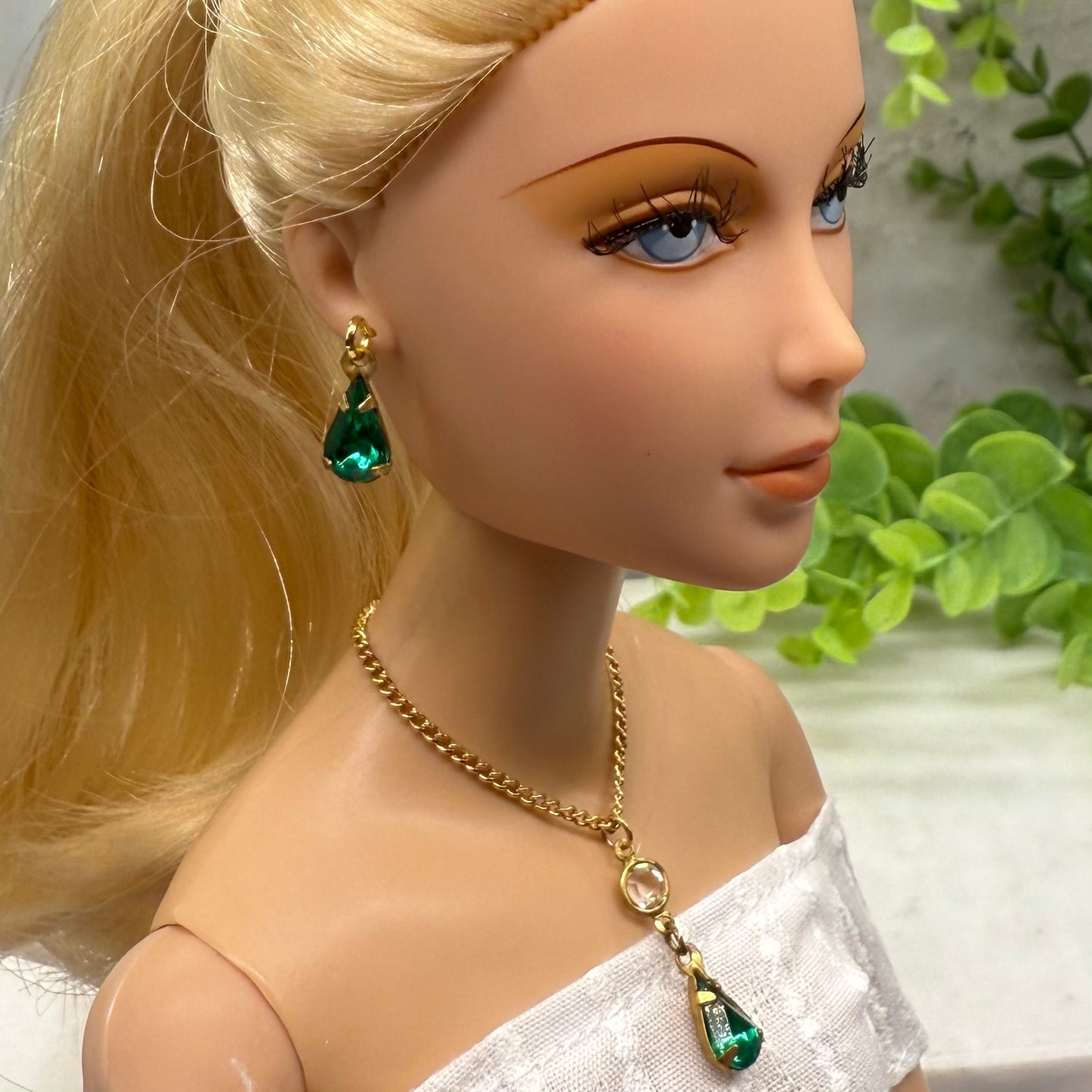 Green Rhinestone Teardrop Gold Doll Necklace Earring Set • 16 Inch Doll Jewelry