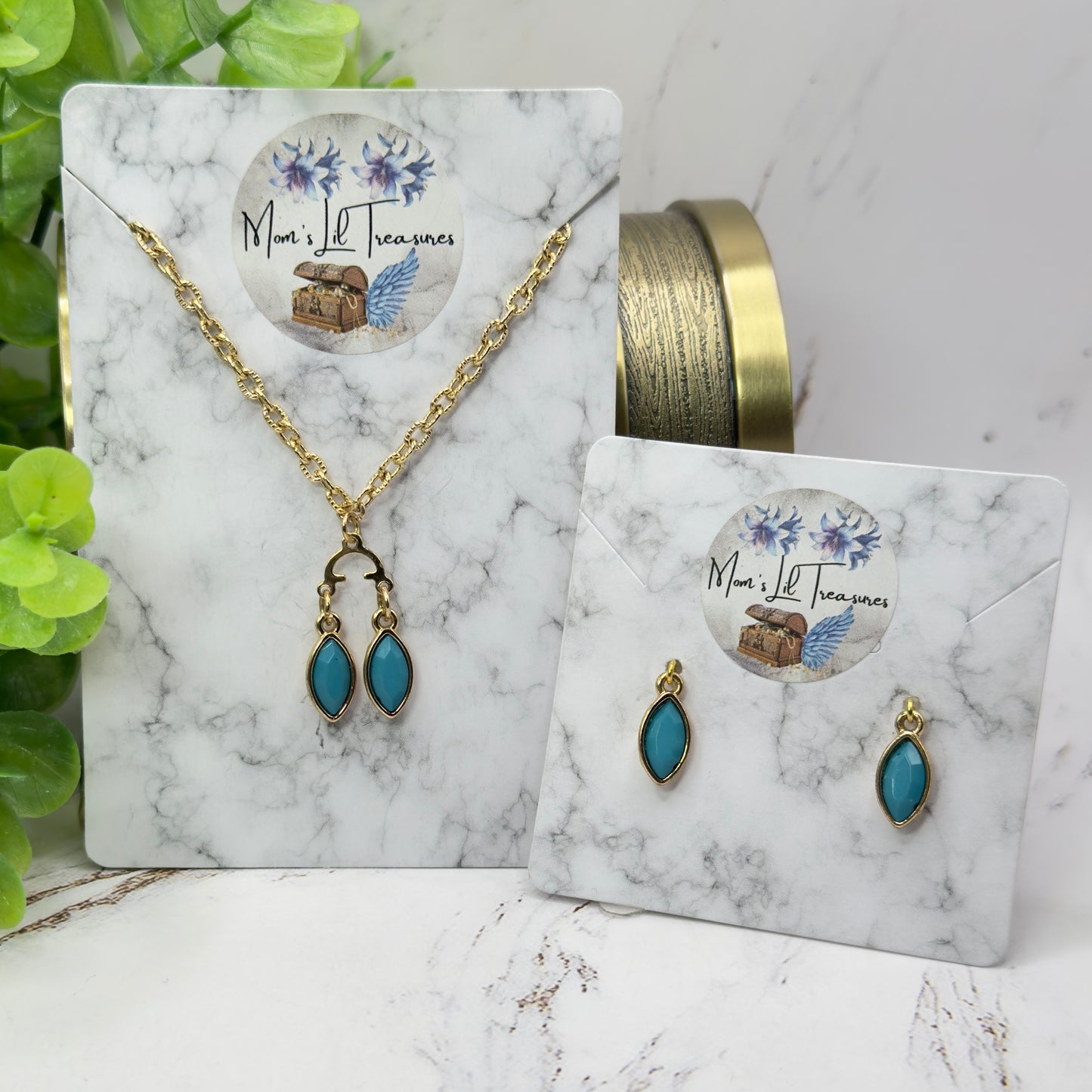 Turquoise Green Rhinestone Dual Pendant Gold Chain Dangle Doll Necklace & Earrings • 14 Inch Fashion Doll Jewelry
