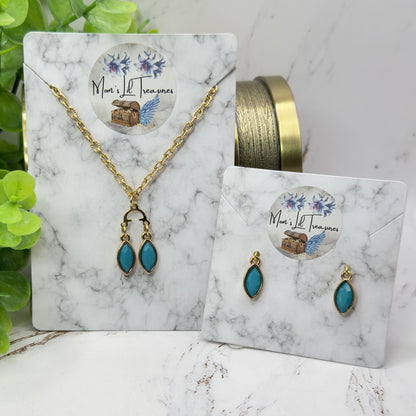 Turquoise Green Rhinestone Dual Pendant Gold Chain Dangle Doll Necklace & Earrings • 14 Inch Fashion Doll Jewelry