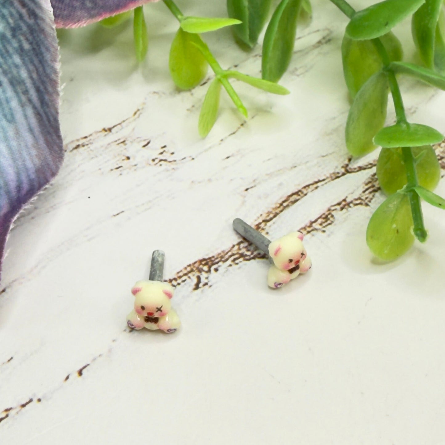 Teddy Bear Bow Tie Purple Heart Paws Post Doll Earrings • 2mm Post for 18 Inch Fashion Doll