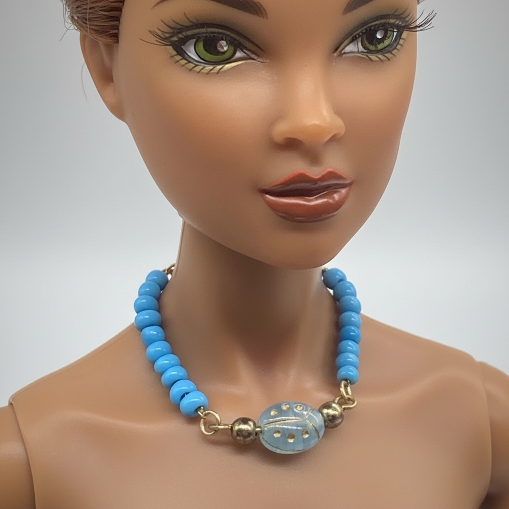 Turquoise Blue Glass Beaded Gold Doll Necklace • 16 Inch Fashion Doll Jewelry