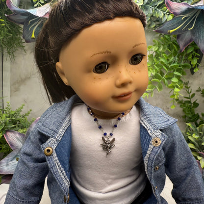 Silver-Tone Fairy Pendant Blue Glass Crystal Beaded Doll Necklace • 18 Inch Fashion Doll Jewelry