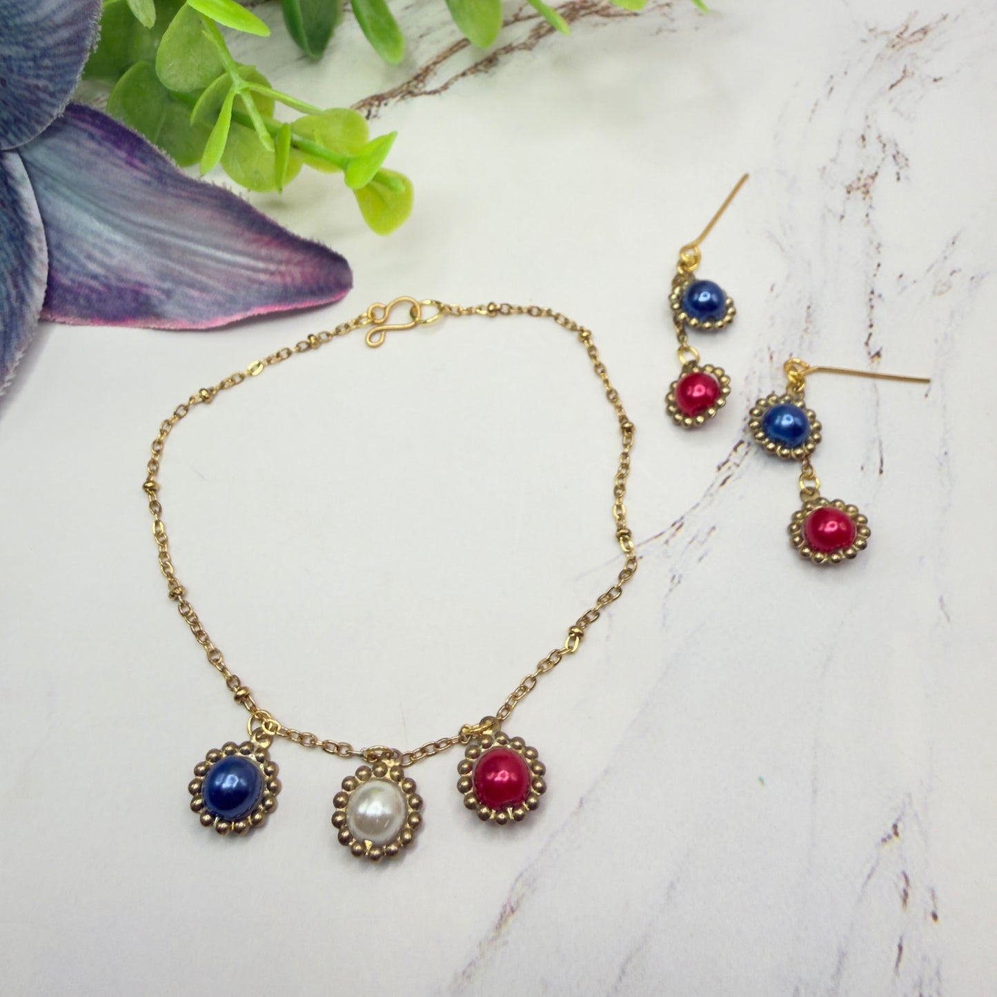 Red White Blue Pearl Dangle Gold Doll Necklace & Earrings Set for 18 Inch Fashion Doll