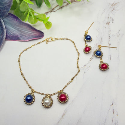 Red White Blue Pearl Dangle Gold Doll Necklace & Earrings Set for 18 Inch Fashion Doll