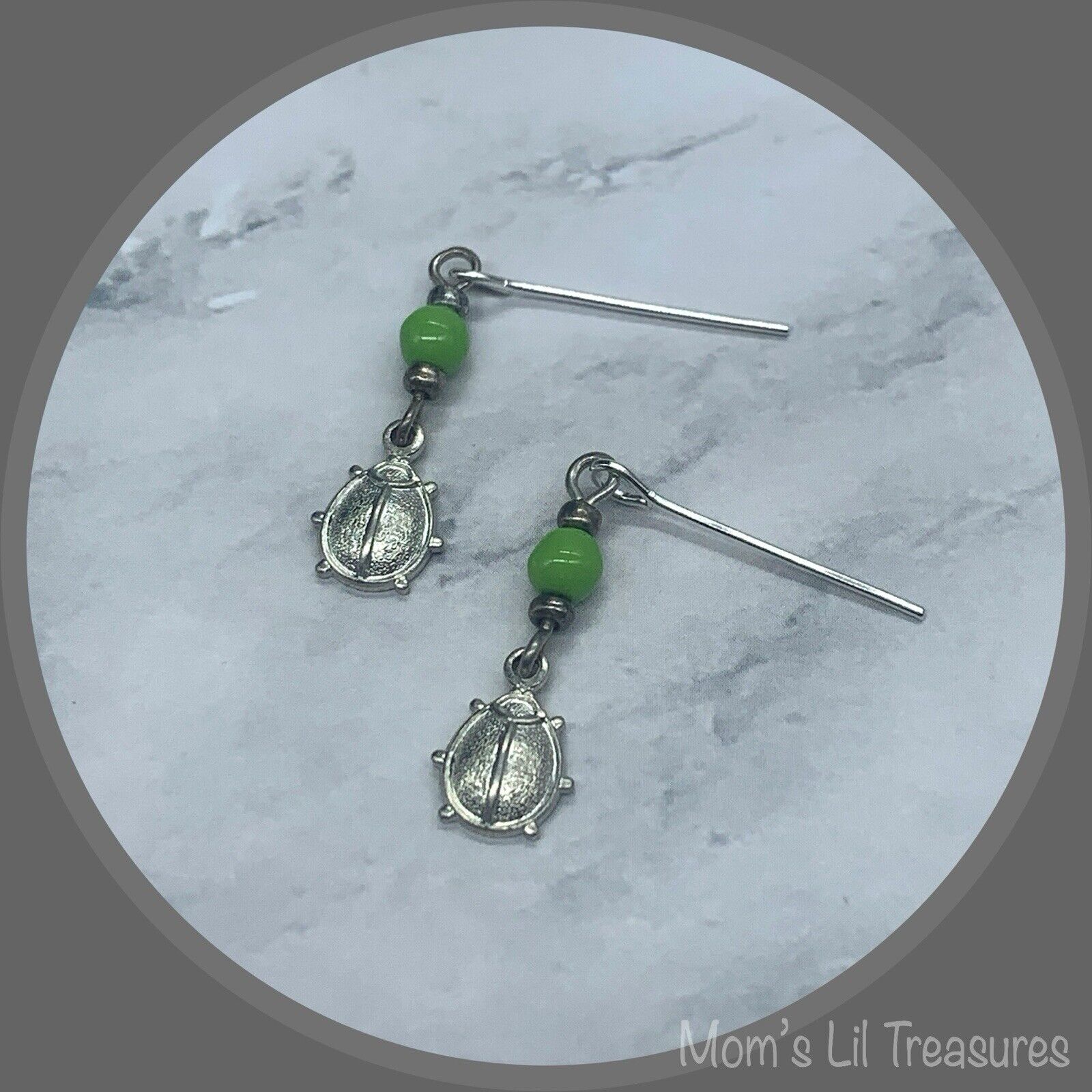 Green Glass Silver Lady Bug Dangle Doll Earrings • 18 Inch Fashion Doll Jewelry
