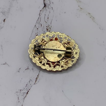 Gold Tone Oval Filigree Blue & Coral Rose Accents Pin • Doll Brooch
