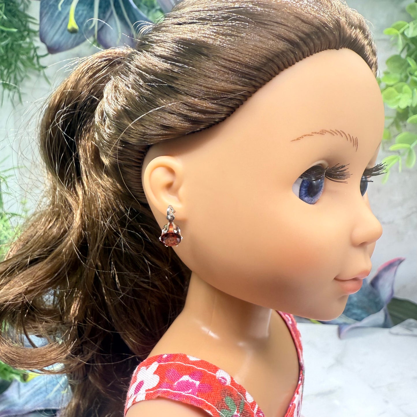 Red Round Rhinestone Silver Dangle Doll Earrings • 14 Inch Fashion Doll Jewelry