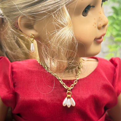 Teardrop Pearl Dangle Pendant Gold Chain Doll Necklace & Earrings Set • 18 Inch Fashion Doll Jewelry