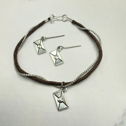 Brown Cord Silver Chain Love Letter Envelope Charm Doll Necklace & Earrings • 18 Inch Fashion Doll Jewelry