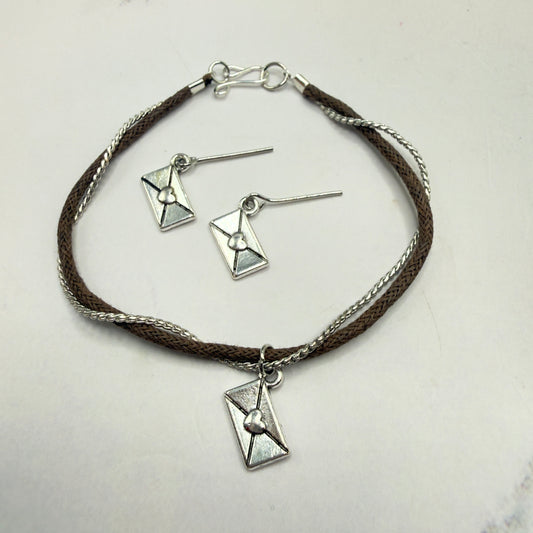 Brown Cord Silver Chain Love Letter Envelope Charm Doll Necklace & Earrings • 18 Inch Fashion Doll Jewelry