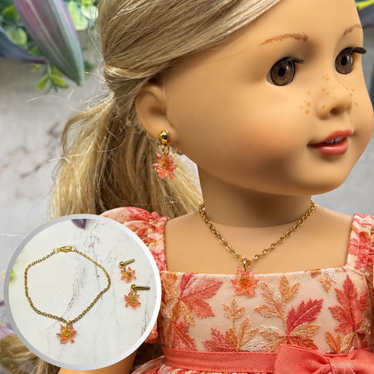Autumn Maple Leaf Dangle 2mm Post Doll Earrings & Necklace • fits 18 Inch Doll • American Girl