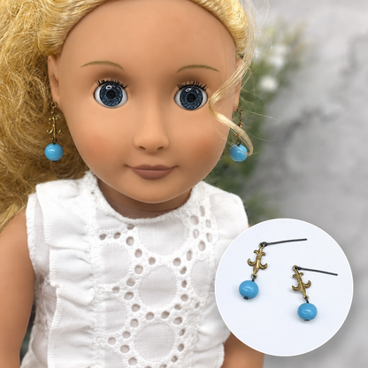 Round Blue Glass & Gold Fleur-de-lis Dangle Doll Earrings • 18” Doll Jewelry