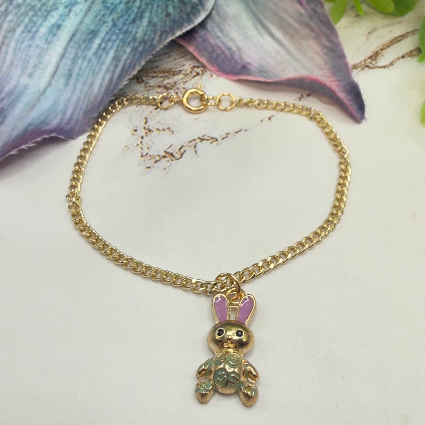Bunny Purple & Green Enamel Detail Charm Doll Necklace Easter • 18 Inch Fashion Doll Jewelry