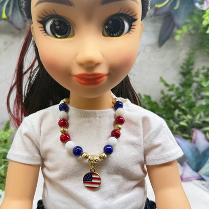 Red White Blue Beaded America Flag Round Charm Doll Necklace for 18 Inch Fashion Doll