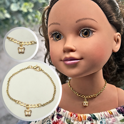 Gold Chain Clear Acrylic Crystal Butterfly Charm Doll Necklace • 18 Inch Fashion Doll Jewelry