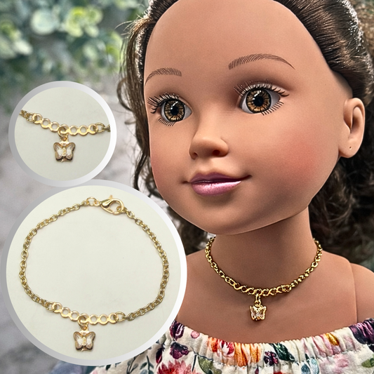 Gold Chain Clear Acrylic Crystal Butterfly Charm Doll Necklace • 18 Inch Fashion Doll Jewelry