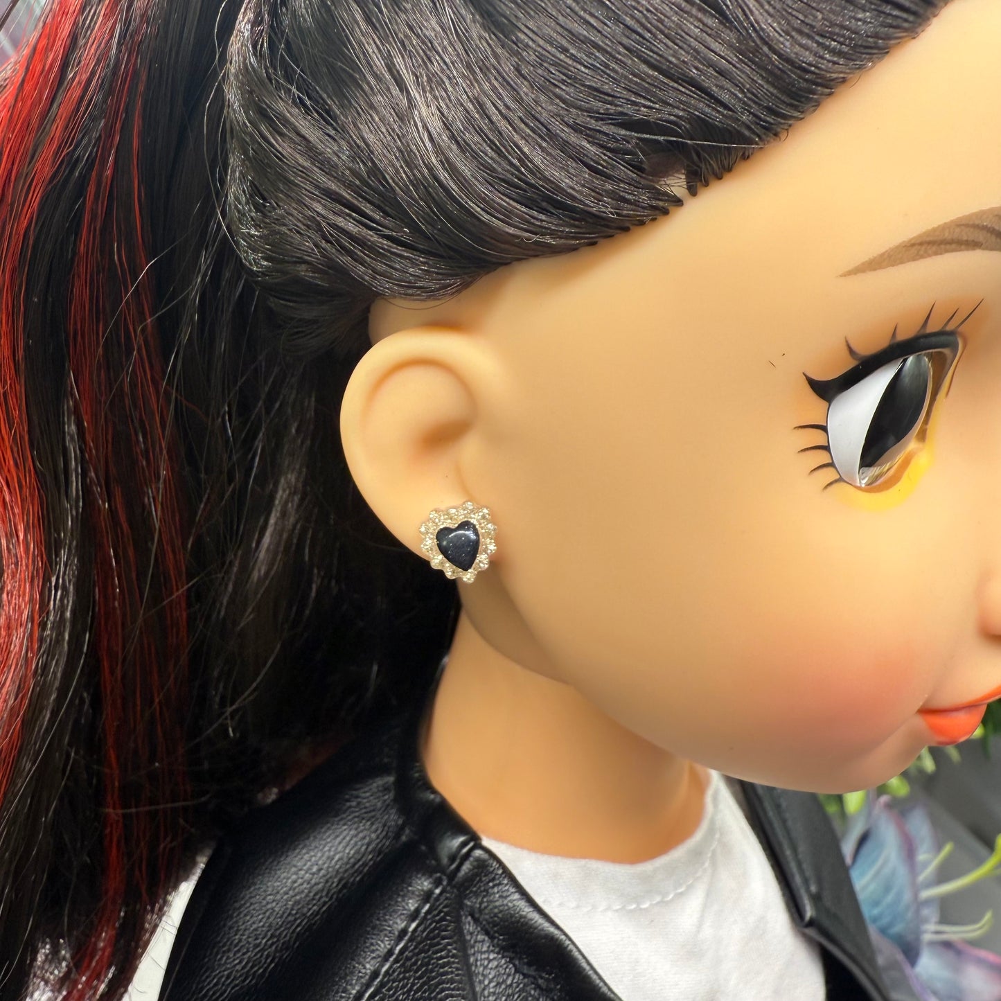 Black Center Ruffle Heart Acrylic Post Doll Earrings • 18 Inch Fashion Doll Jewelry