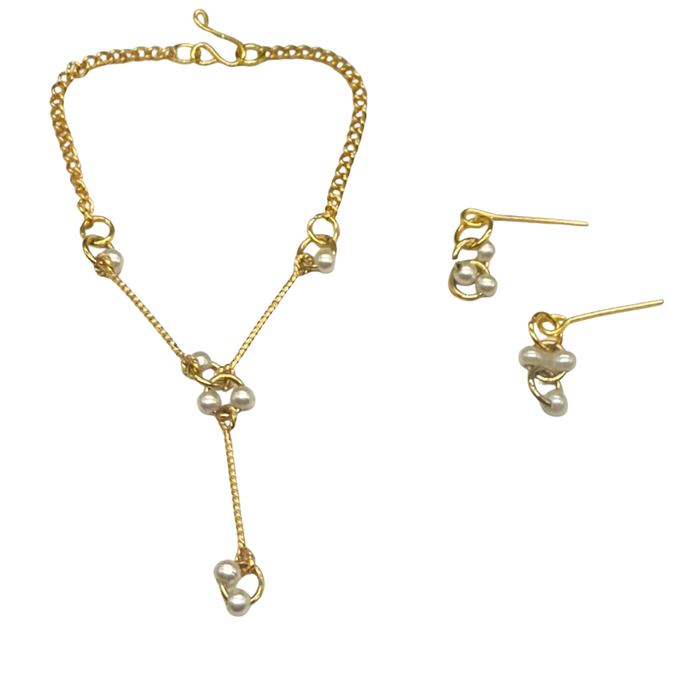 Pearl & Circle Y-Drop Gold Long Doll Necklace Earrings Set • 16” Doll Jewelry
