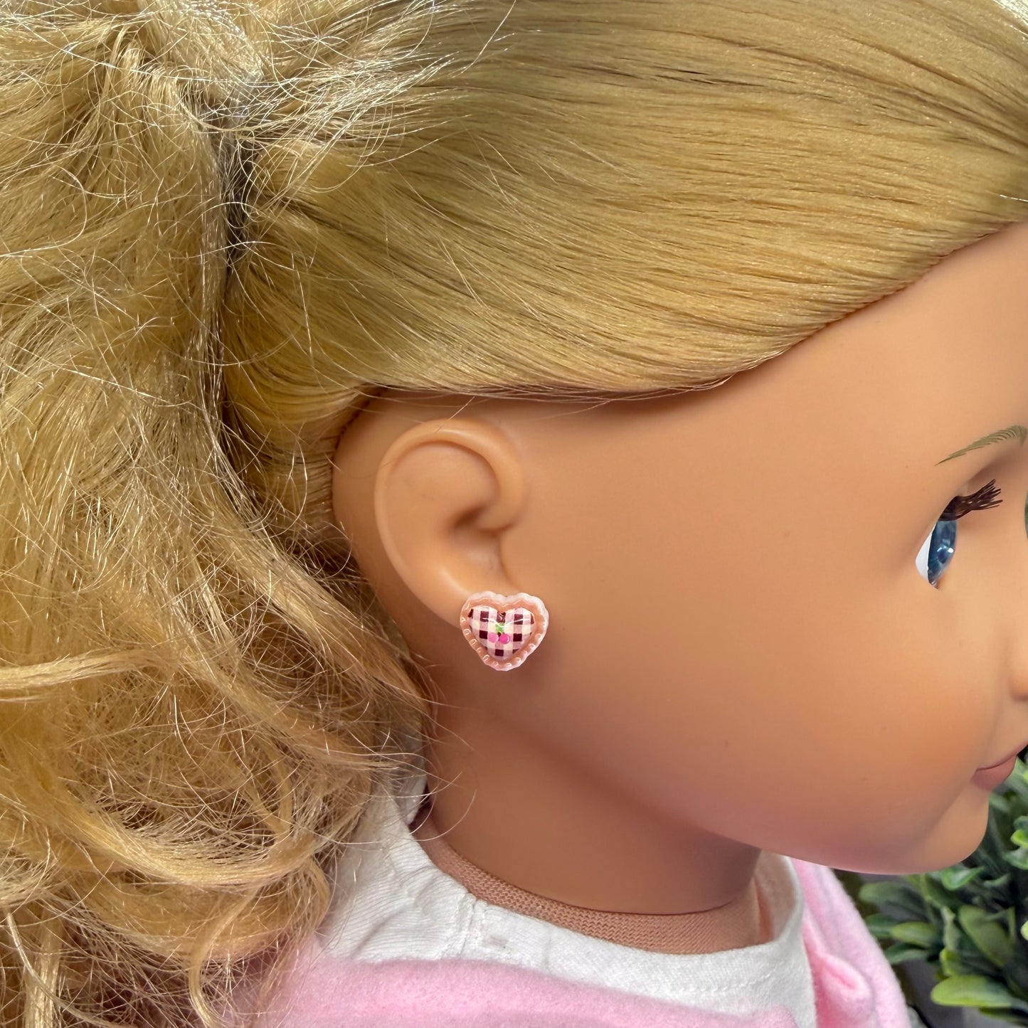 Beige Pink Lattice Design Heart Post Doll Earrings • 18 Inch Fashion Doll Jewelry