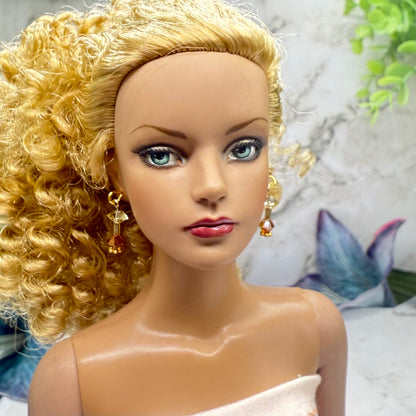 Dark Orange & Clear Crystal Dangle Gold Earrings • 16 Inch Fashion Doll Jewelry