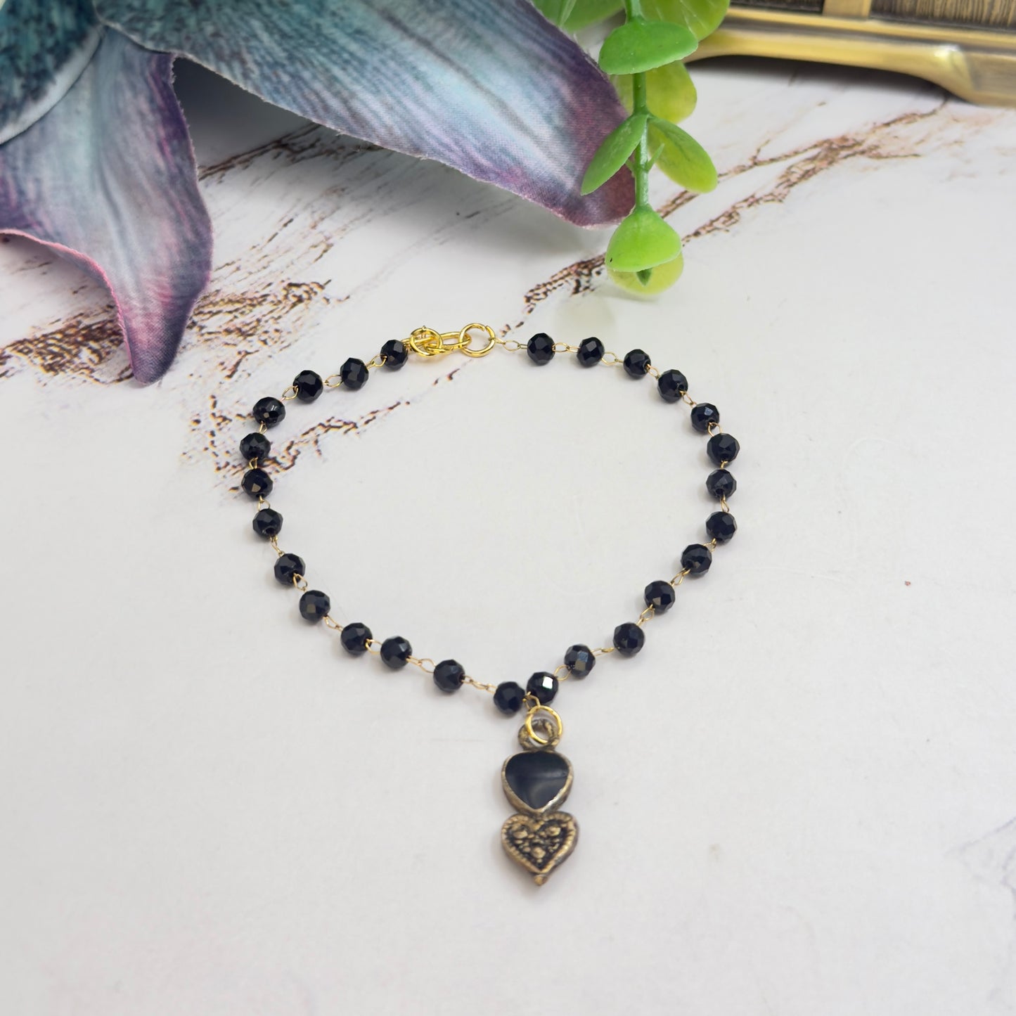Black Crystal Beaded Double Heart Charm Doll Necklace • 18 Inch Fashion Doll Jewelry