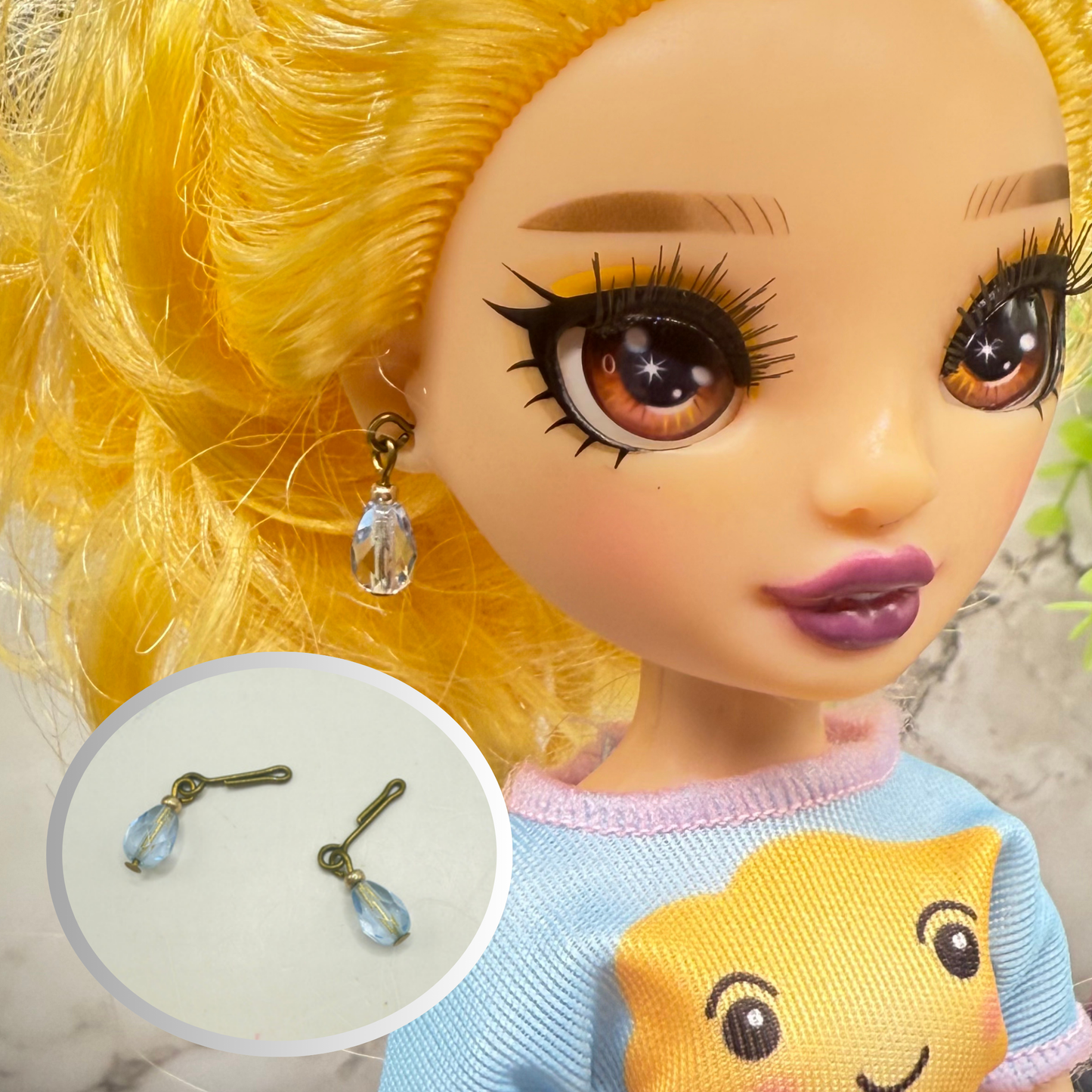 Light Blue Glass Crystal Dangle Earrings • 10-12 Inch Fashion Doll Jewelry 1:6