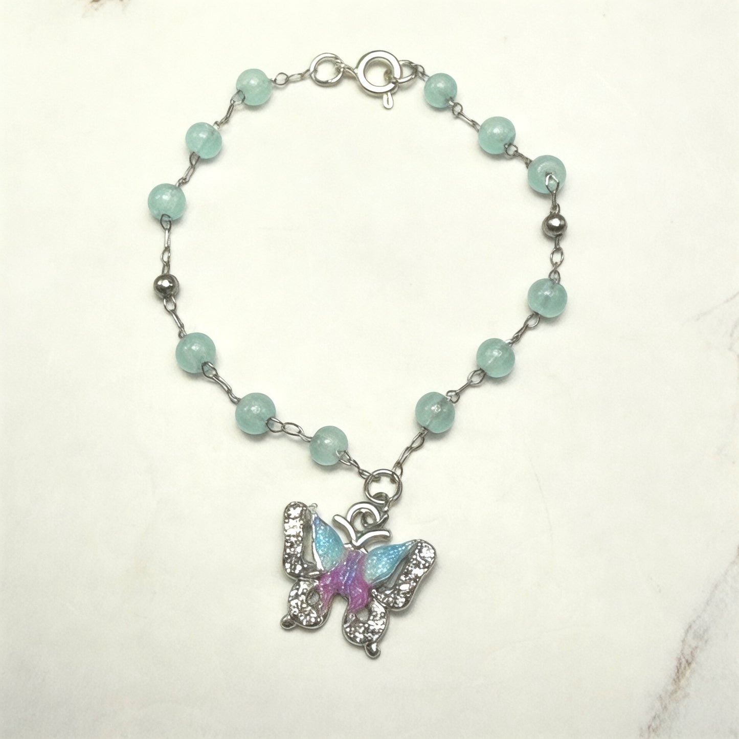Blue Purple Butterfly Charm Light Blue Beaded Doll Necklace • 18 Inch Fashion Doll Jewelry