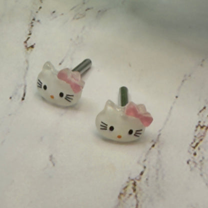 Hello Cat Kitty Pink Bow Post Doll Earrings 2mm Post • 2mm Post fit 18 Inch Fashion Doll